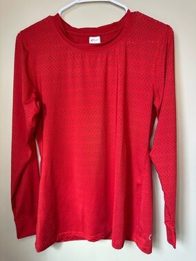 Women's ZYIA Active Chili Red Laser Cut Mesh Long Sleeve Shirt Size Med P2P 19”